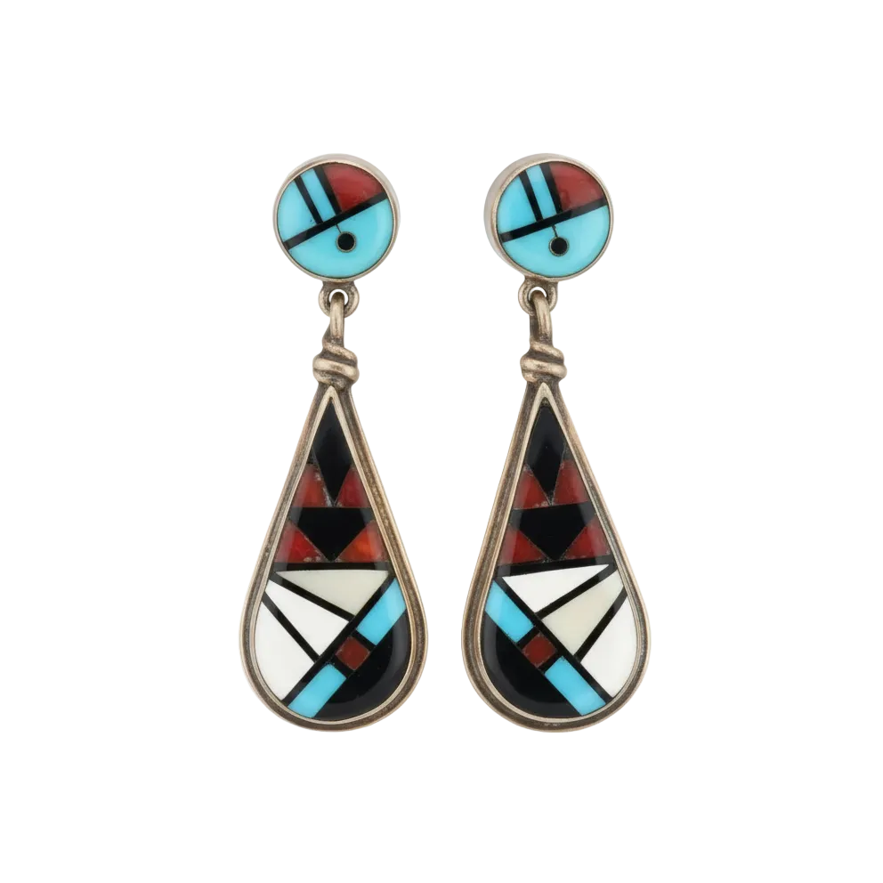 A pair of 14K gold earrings with American Indian design, featuring mother of pearl and turquoise.
