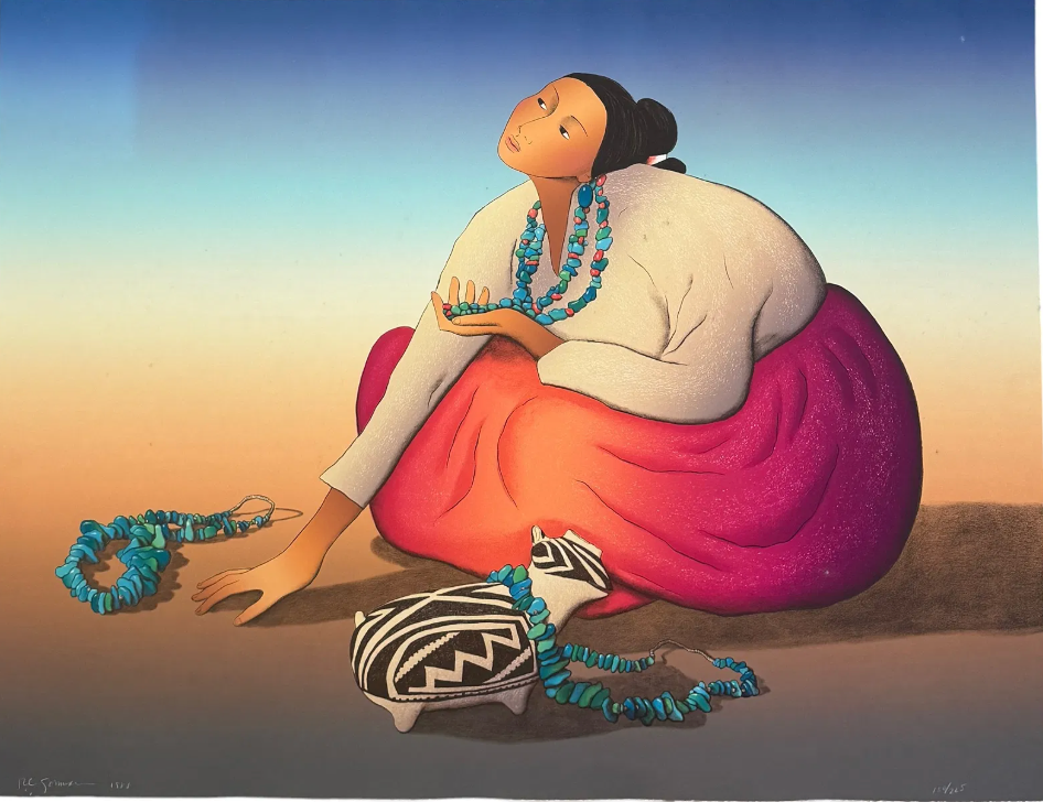 Illustration of a person sitting on the ground with jewelry and a zebra figurine, set against a gradient sky.