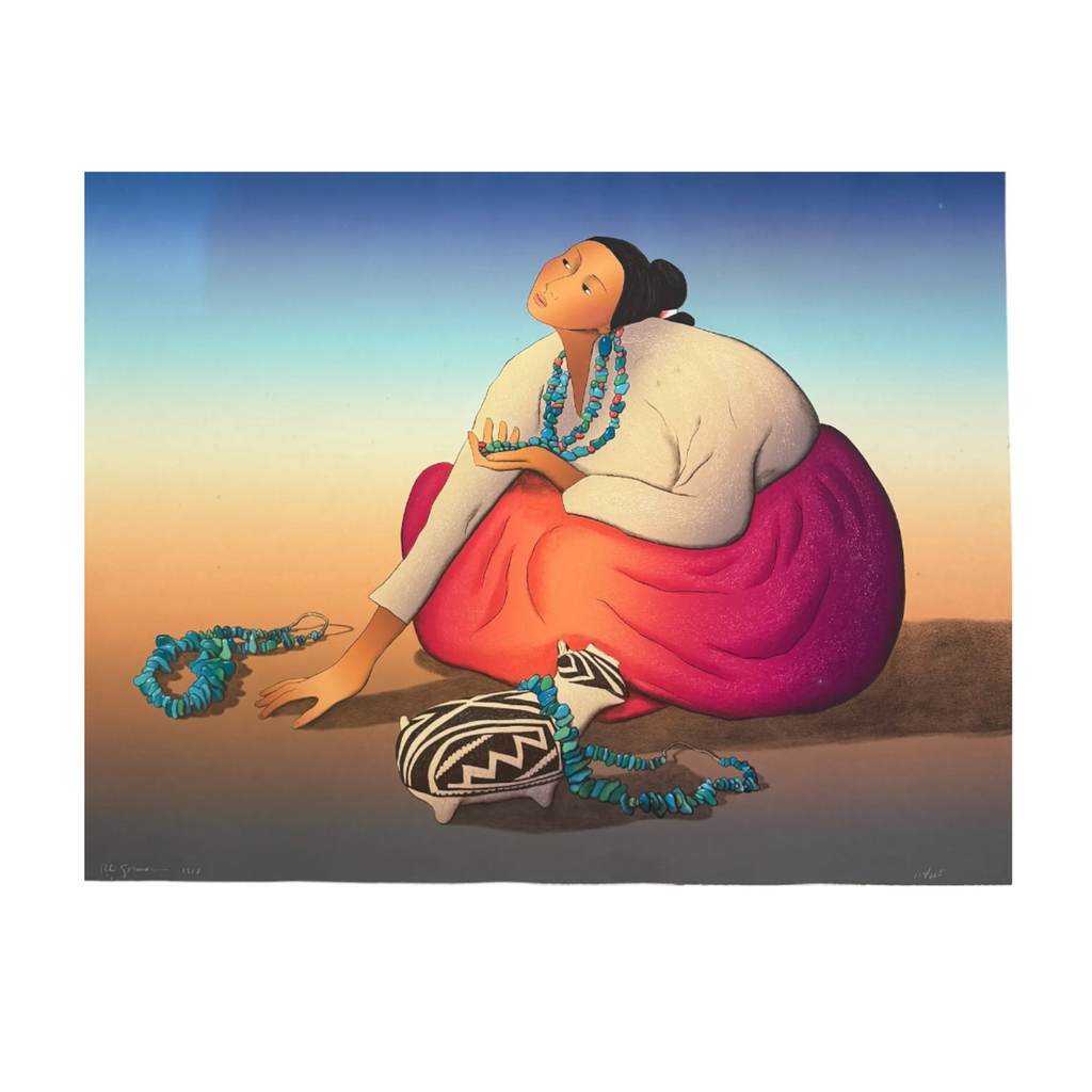 Illustration of a person sitting on the ground with jewelry and a basket against a colorful background