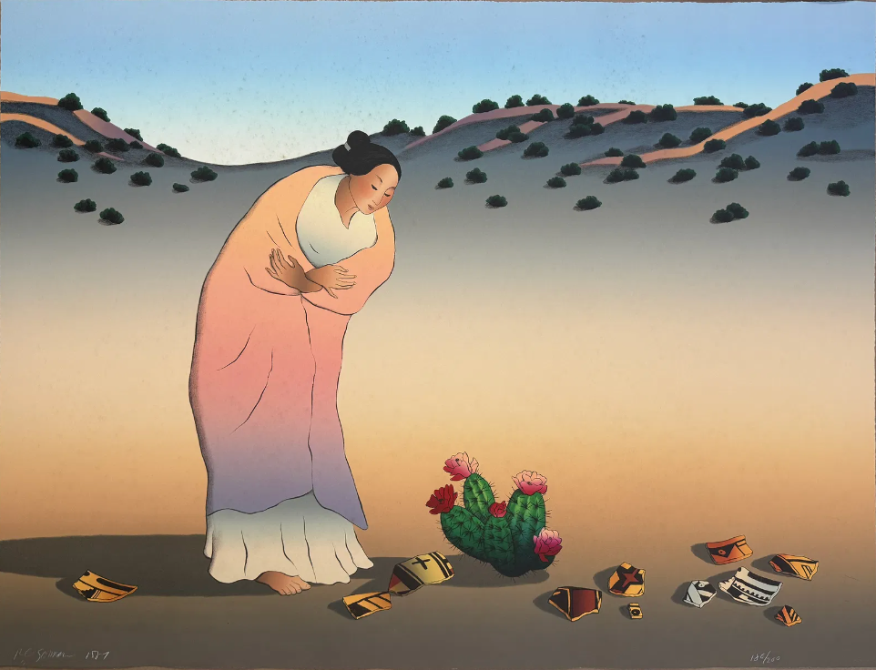 Woman in a pink dress standing in a desert landscape with cacti and sandals.