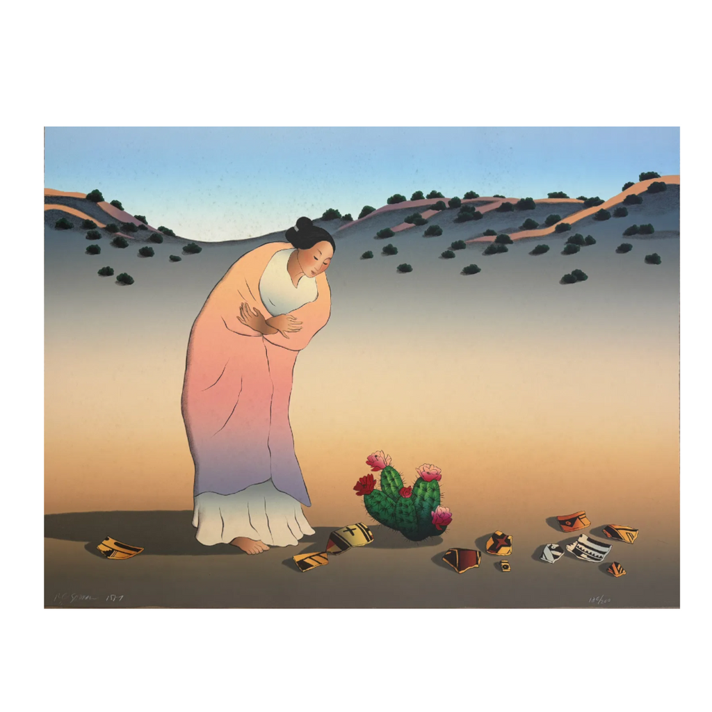 Artistic depiction of a person in a desert landscape with a cactus and sandals.