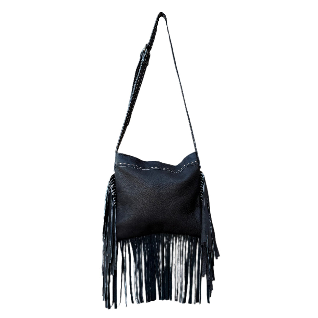 Black fringe bag on a white background