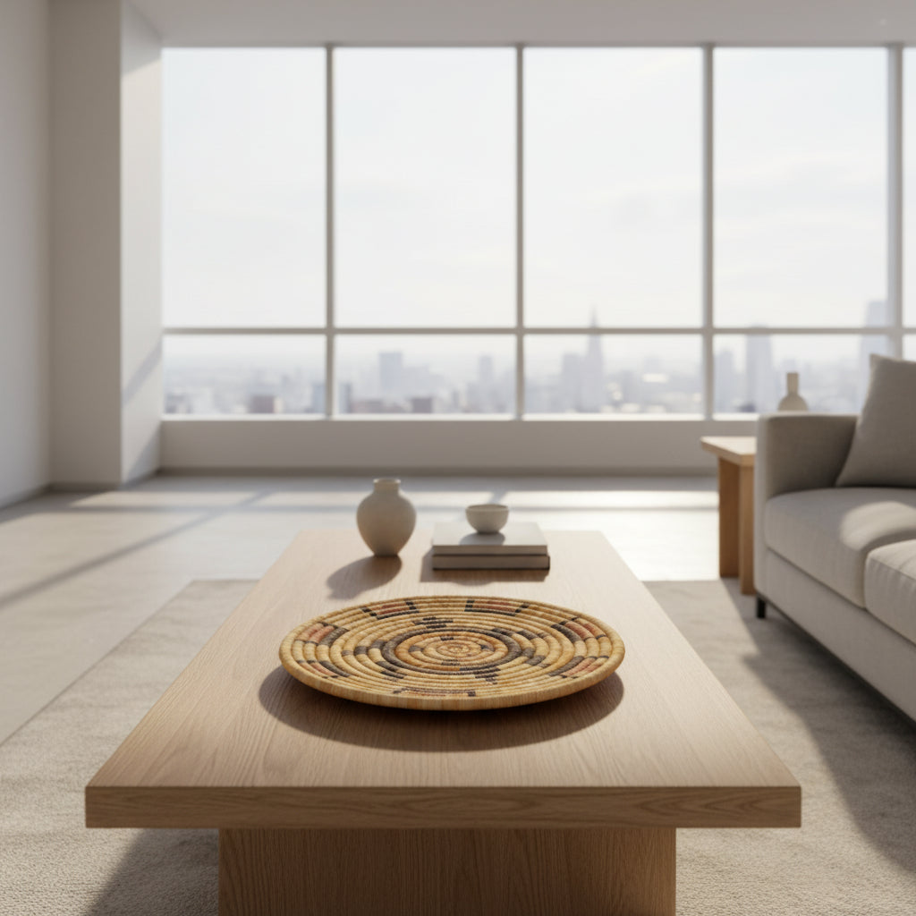 Round woven mat with concentric circle pattern 