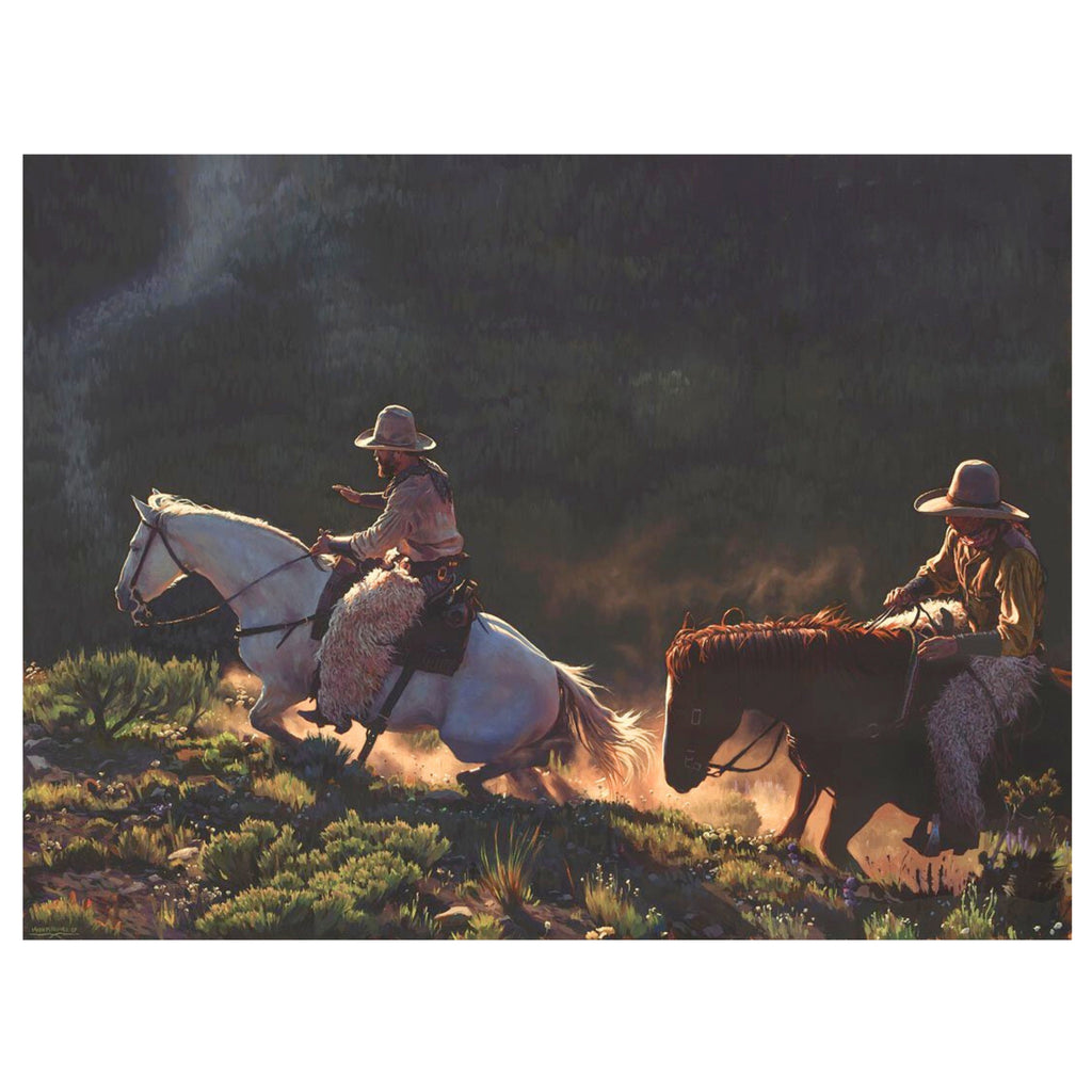 Two cowboys riding horses in a field with a dark sky.