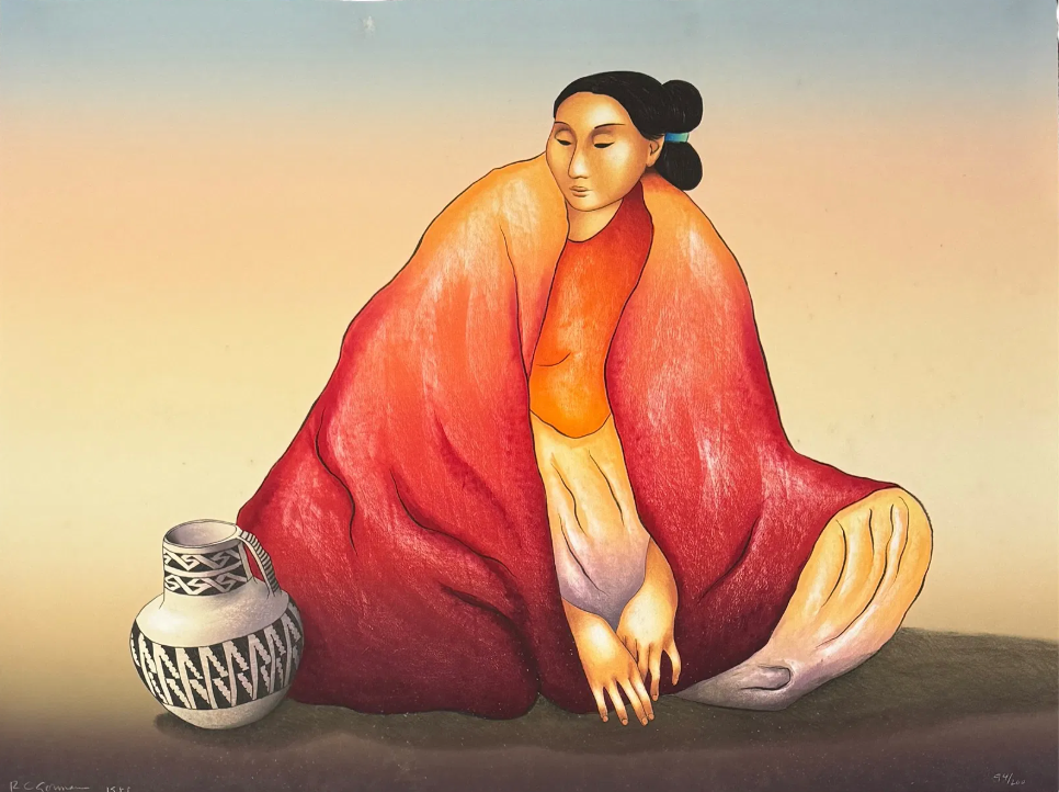 Artistic depiction of a person wrapped in a red cloth with a vase beside them on a gradient background