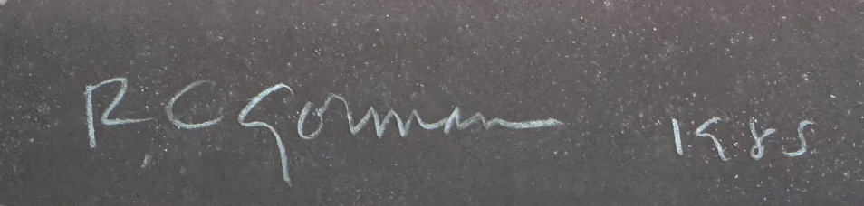 Signature with the name 'R.C. Gorman' and the year '1985' on a dark background