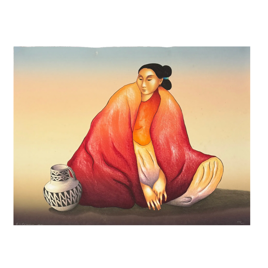 Woman in a red dress sitting next to a vase on a plain background