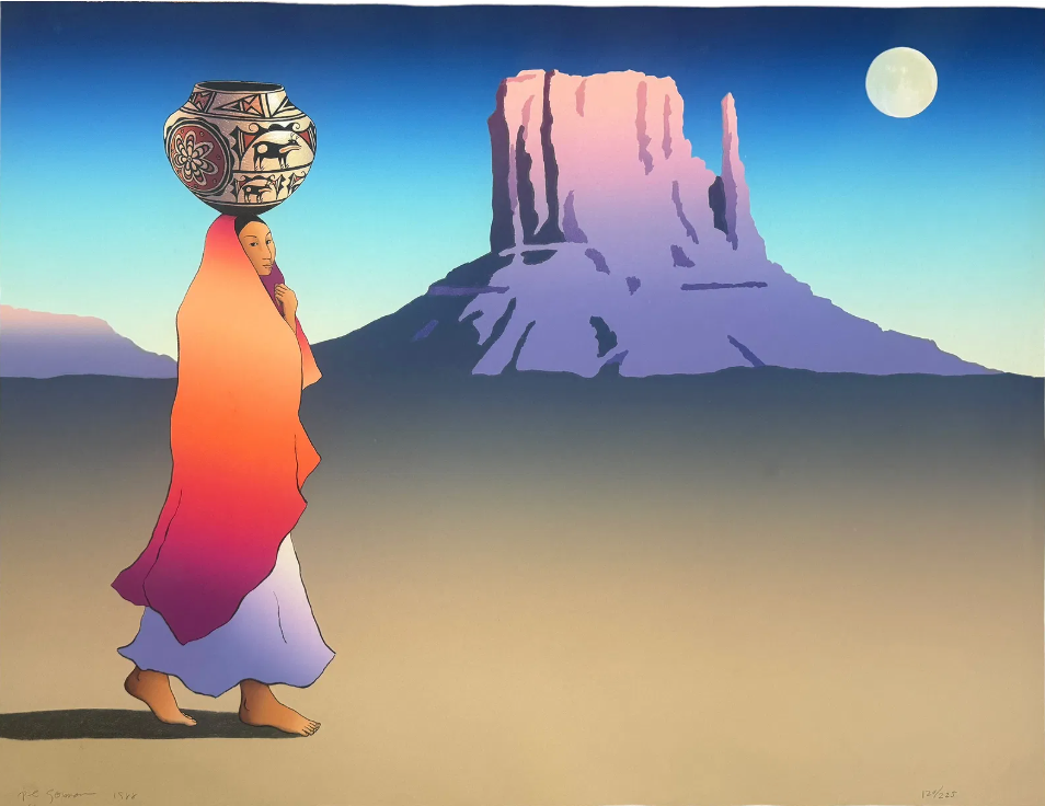 Person in colorful attire with a headdress in a desert landscape with a large rock formation and moon.