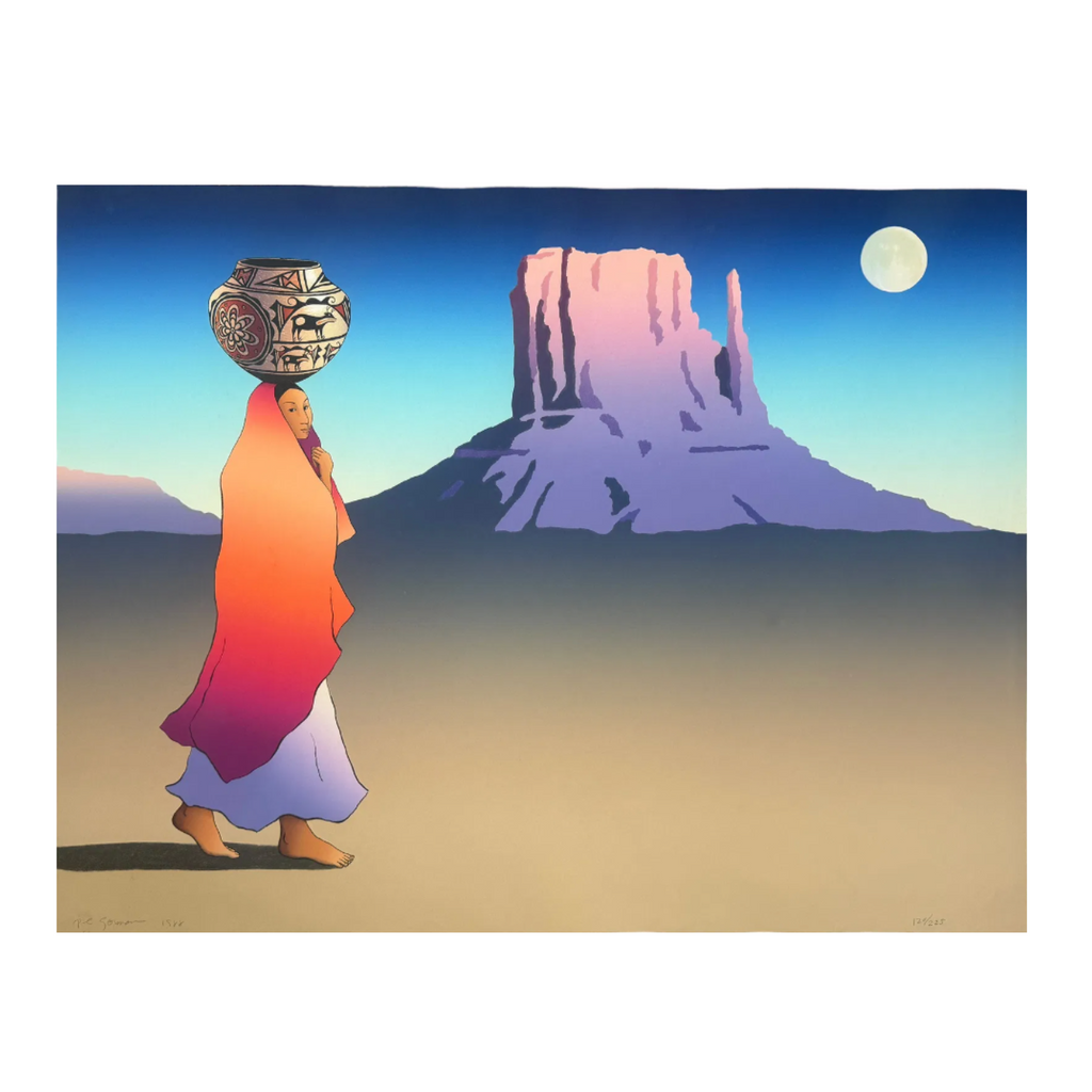 Person with a headdress in a desert landscape with a mountain and moon in the background