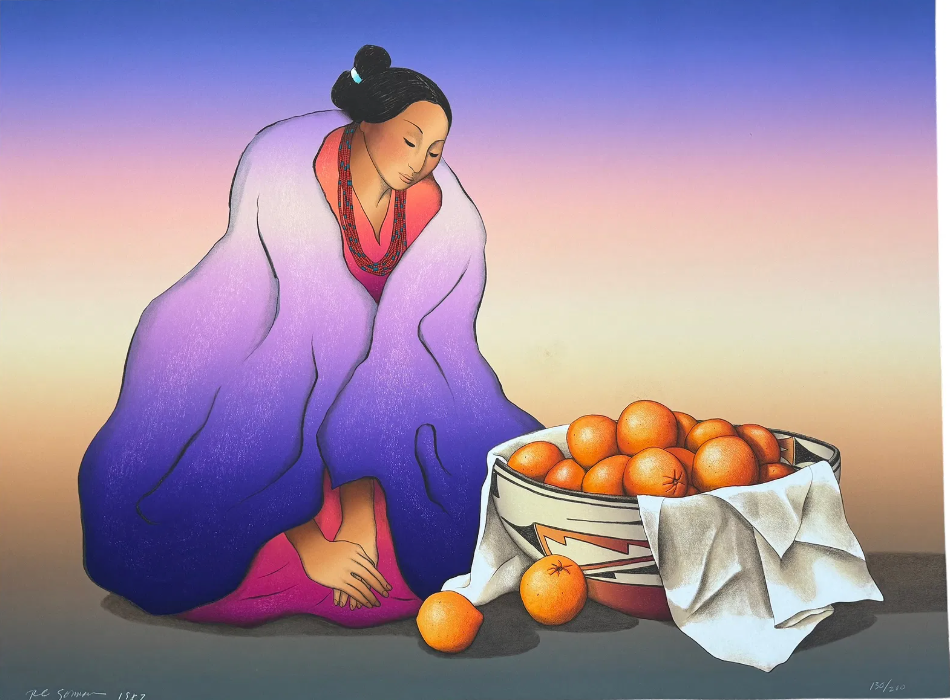 Woman in traditional attire sitting next to a basket of oranges with a gradient background