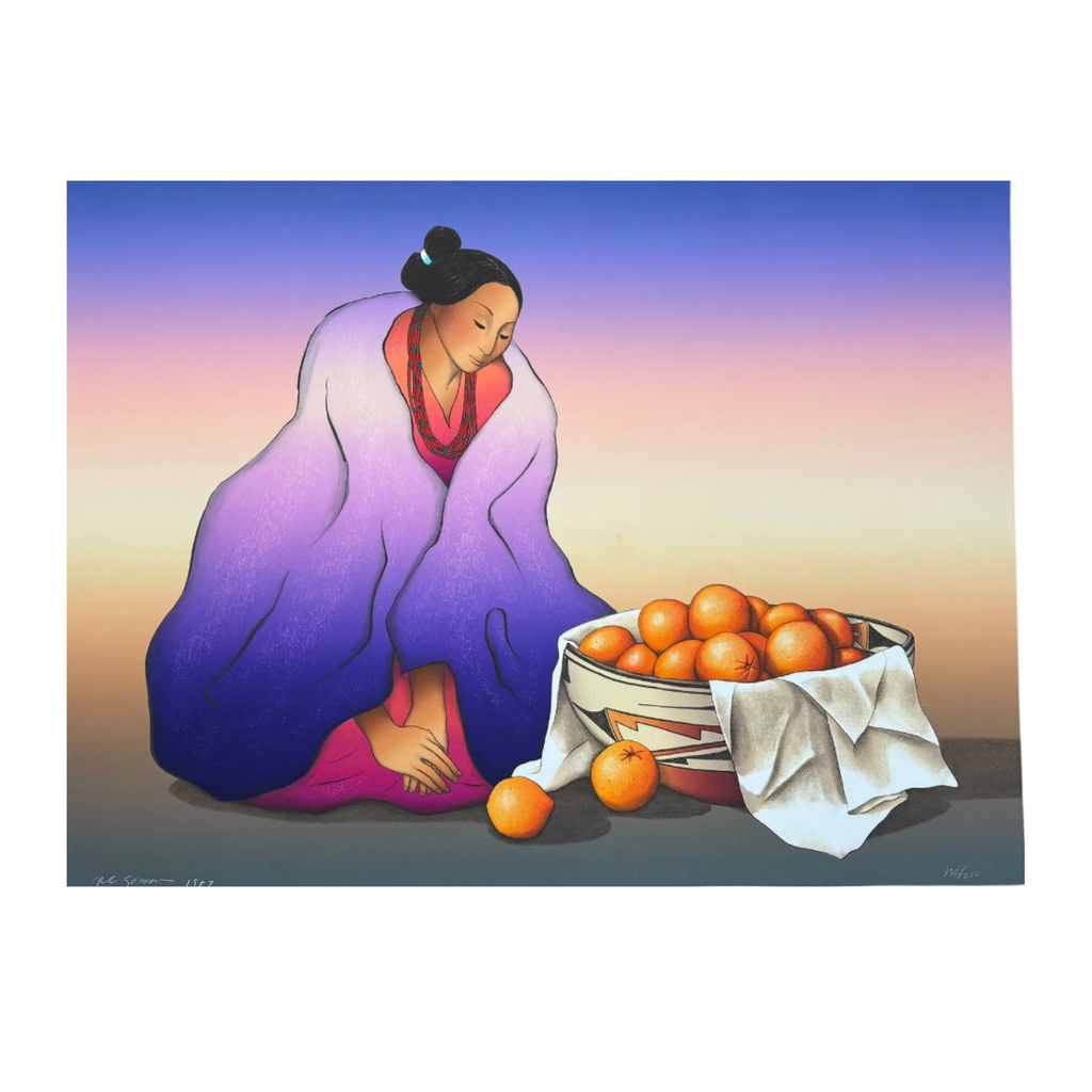 Artistic depiction of a woman with oranges on a white background