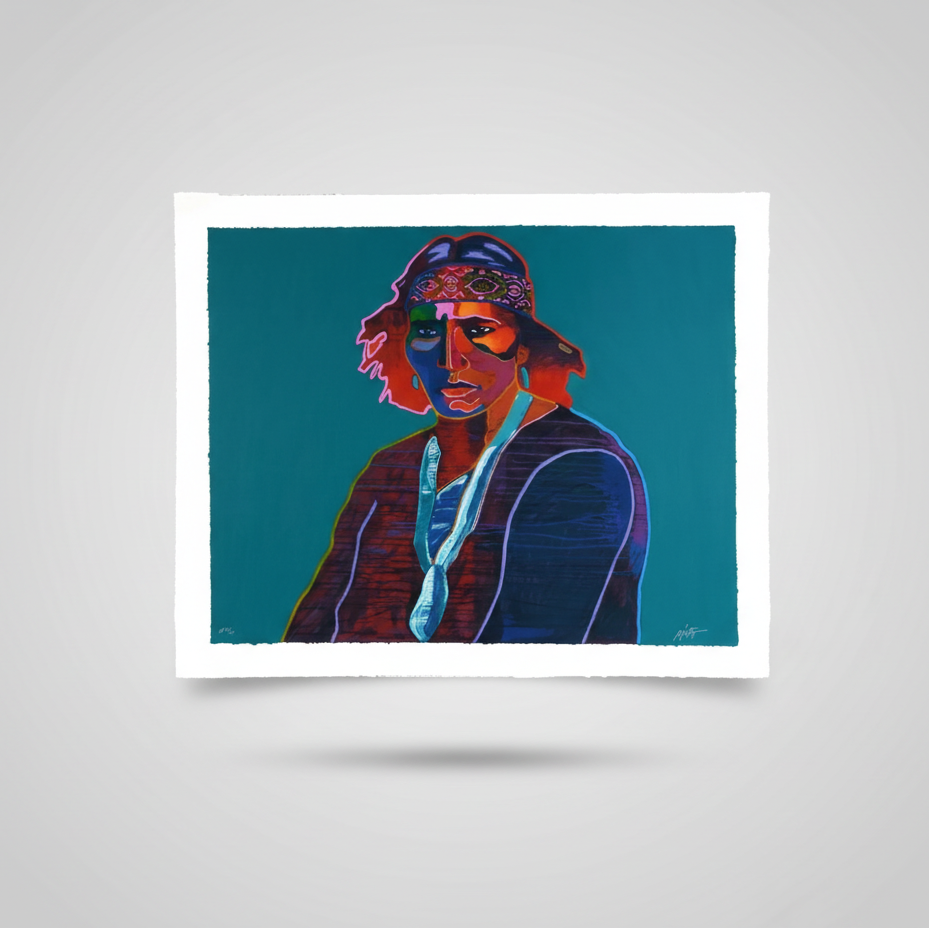 A colorful serigraph artwork of a Navajo boy wearing a vest and bandana, with a geometric background.