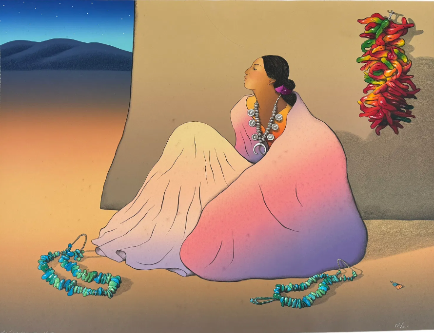Artistic depiction of a person sitting in a desert landscape with colorful jewelry and chili peppers.