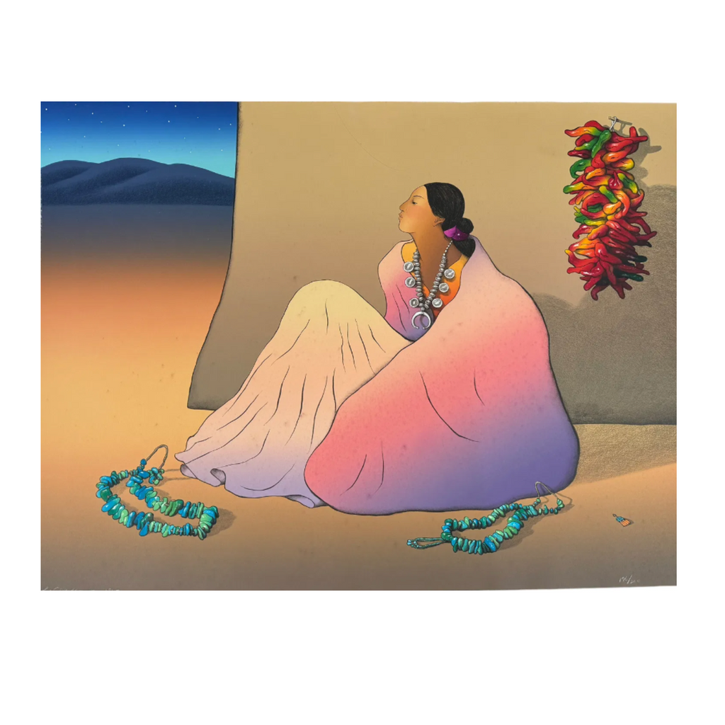 Artistic depiction of a person sitting on the ground with colorful necklaces and a desert landscape in the background.