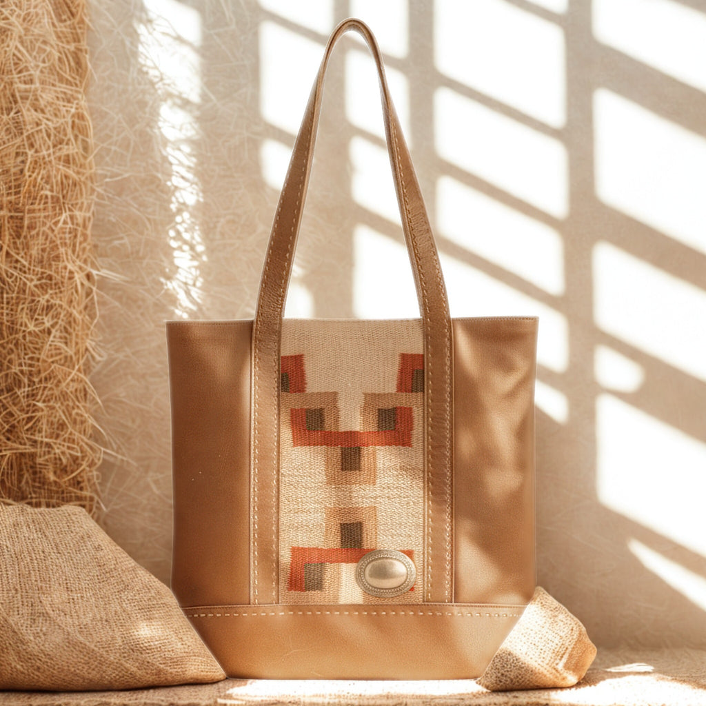Tierra Tote on a natural carpet rattan surface, bathed in warm sunlight with a minimalist organic feel