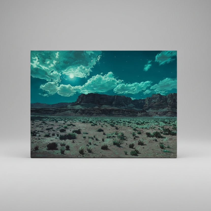 Desert landscape with mountains under a starry sky