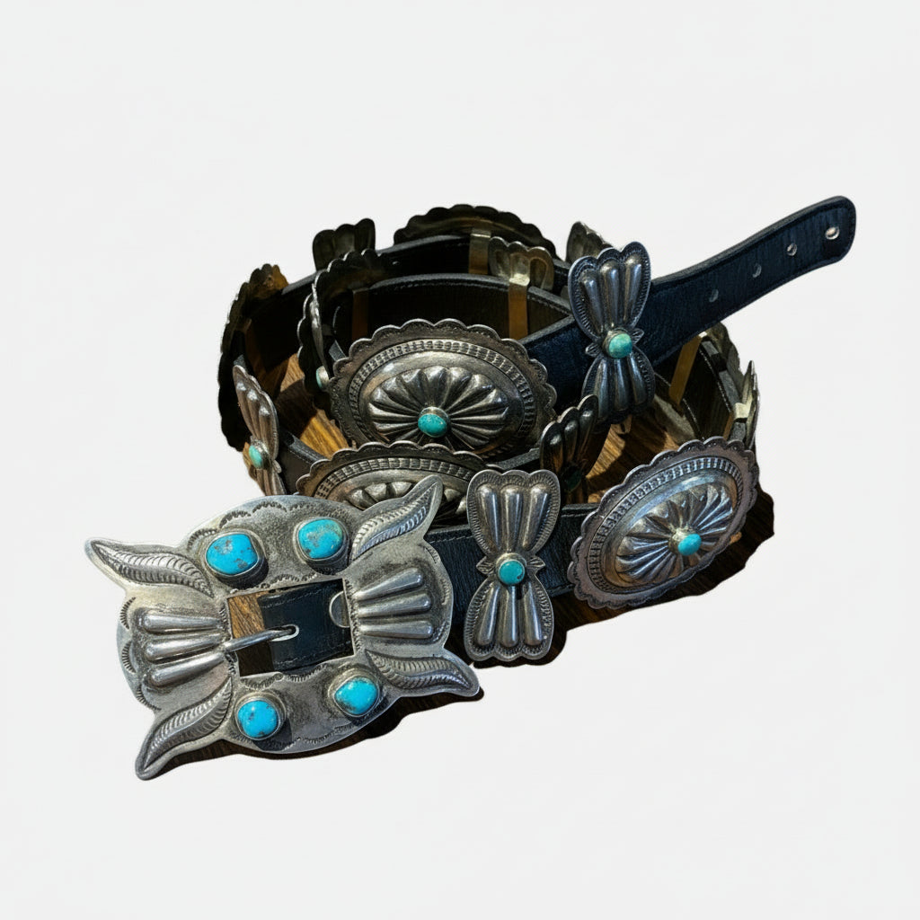 Belt with silver concho design and turquoise stones on a white background