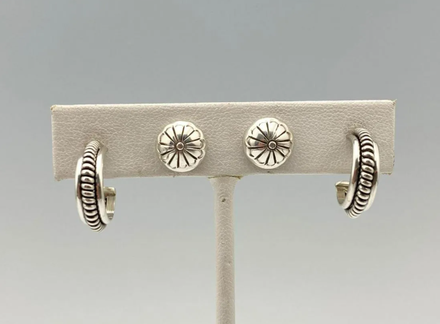 Native American Southwest Sterling Silver Hoop and Button Earrings