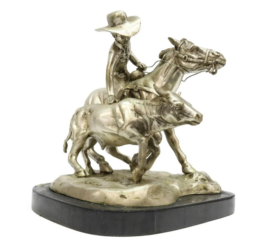 Silvered bronze western sculpture cowboy and bovine