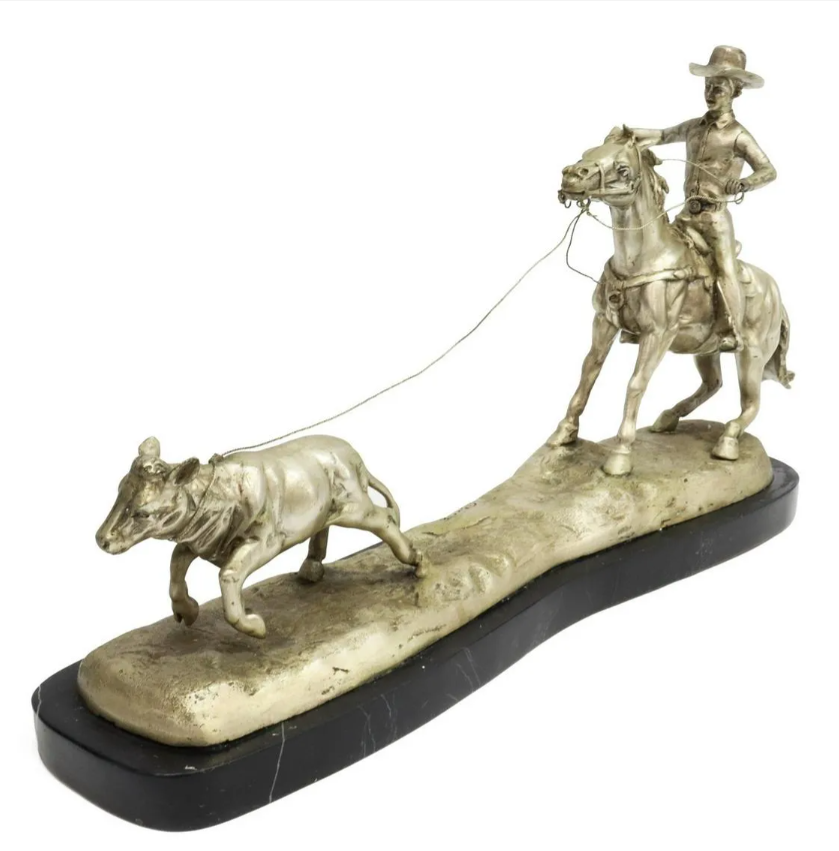 Silvered bronze western sculpture cowboy roping calf